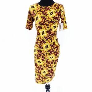 Lularoe Julia Bodycon Dress Short Sleeve Size XXS Print Knee Length Boho Art Mom